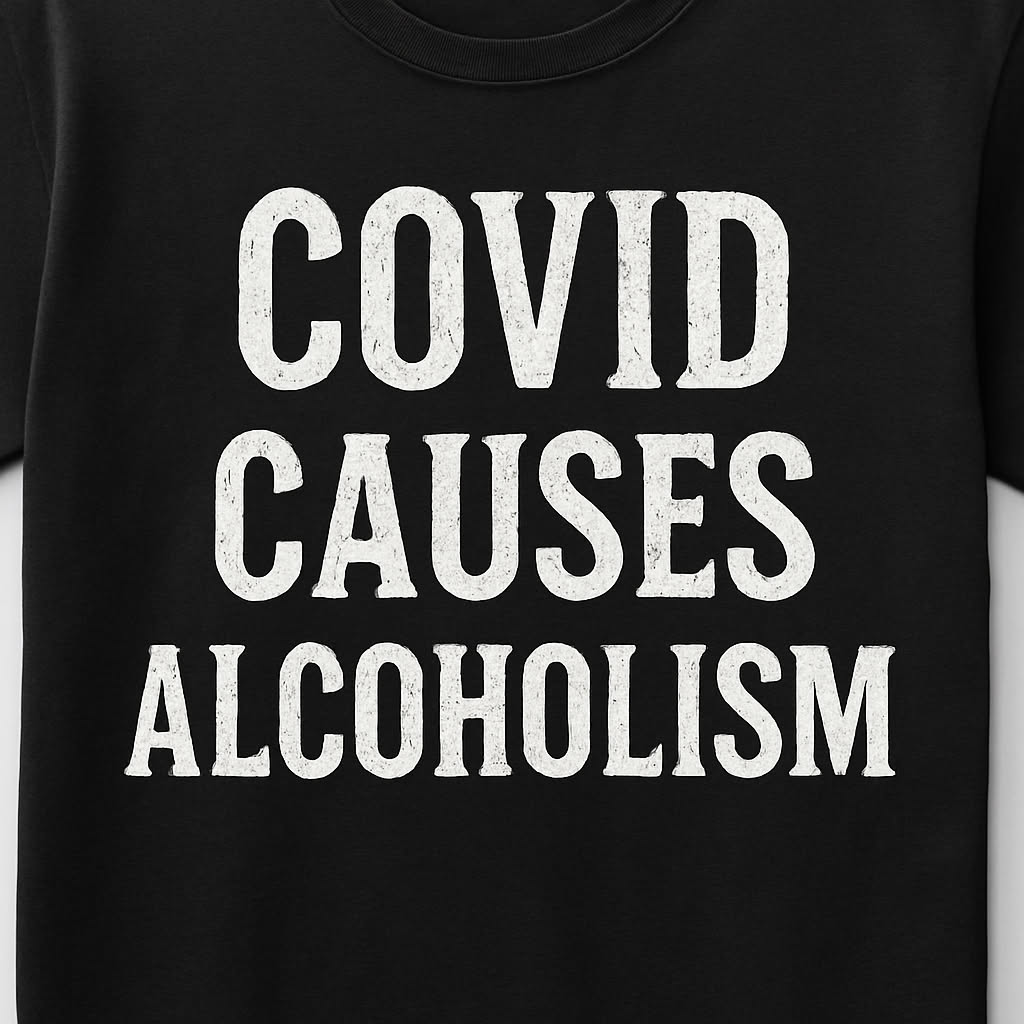 Dark humor t-shirt design: Covid causes alcoholism